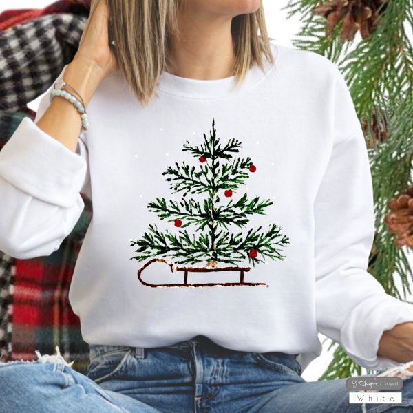 Christmas Sleigh Sweatshirt~Womens Christmas Sweatshirt, Christmas Sweater Winter Crewneck Christmas Tree Sweatshirt Holiday Sweaters Women