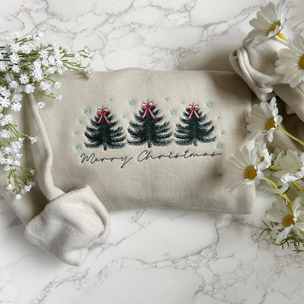 Embroidered Merry Christmas Sweatshirt, Embroidered Christmas Coquette Crewneck Sweatshirt, Embroidered Xmas Tree Sweater, Custom Xmas Gift