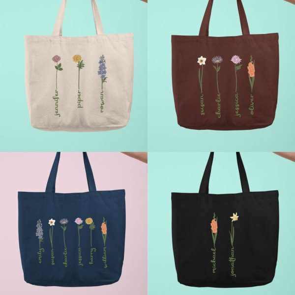 Mothers Day Garden Flower Tote Bag, Personalized Mama Grandma Birth Flower Tote Bag, Mom Birthday Gift, Women Shopping Bag, New Grandma Gift