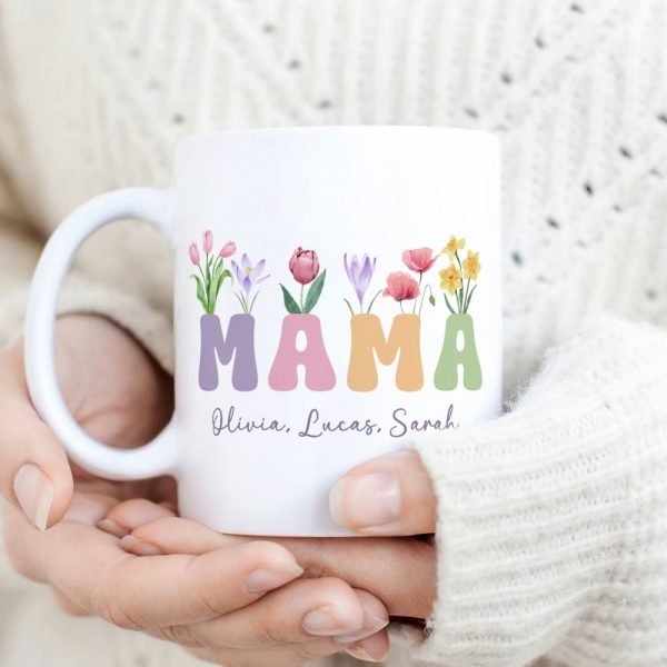 Mama Floral Mug Sublimation. Custom Kids Names Mug, Mother Gift Mug, Mom Wildflowers Mug, Coffee Mug Instant