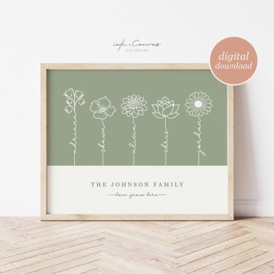 Custom Birth Flower Print Grandmas Garden Print Personalized Gift for Mom Minimalist Birth Month Flower Art Boho Floral Print Printable Art