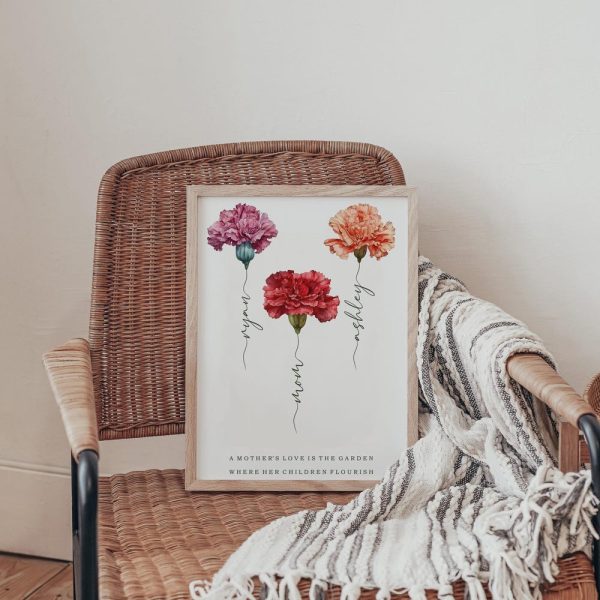 Personalized Carnation Mother’s Day Print - Custom Name Floral Poster - Mom & Kids Gift - Meaningful Mother’s Day Gift