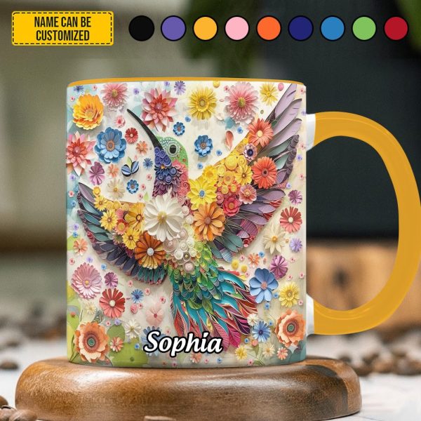 Personalized Colorful Flowers Hummingbird Accent Mug