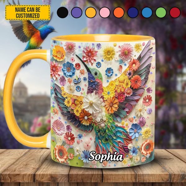 Personalized Colorful Flowers Hummingbird Accent Mug
