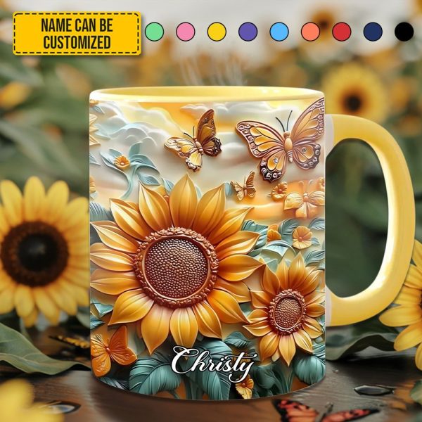 Sunflower With Butterflies - Personalized Sunflower Accent Mug