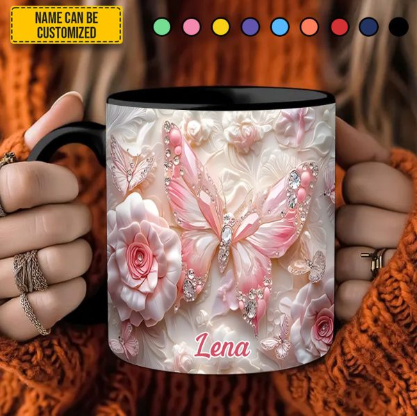 Personalized Pink Butterfly & Flower Accent Mug