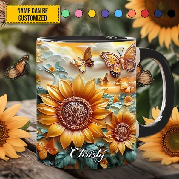 Sunflower With Butterflies - Personalized Sunflower Accent Mug