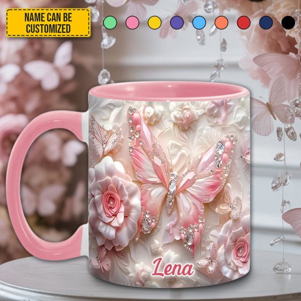 Personalized Pink Butterfly & Flower Accent Mug