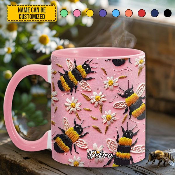 Personalized Bee & Daisy Accent Mug – Embroidered  Style