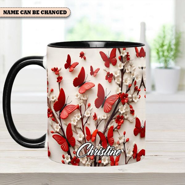 Red White Butterfly Flowers Accent Mug - Personalized Accent Mug