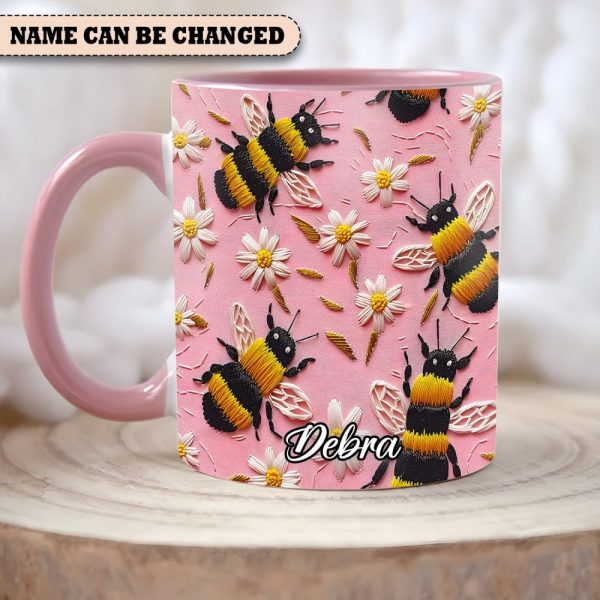 Personalized Bee & Daisy Accent Mug – Embroidered  Style