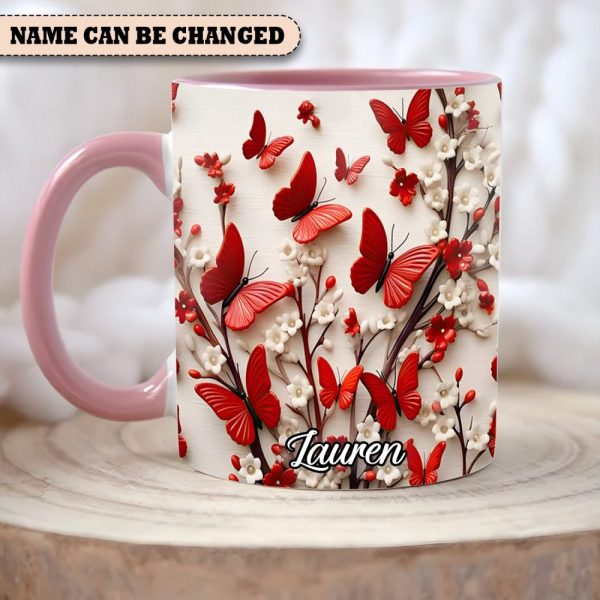 Red White Butterfly Flowers Accent Mug - Personalized Accent Mug