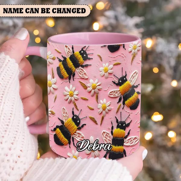 Personalized Bee & Daisy Accent Mug – Embroidered  Style