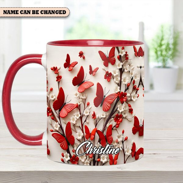Red White Butterfly Flowers Accent Mug - Personalized Accent Mug