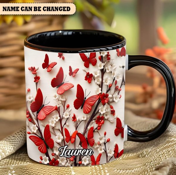 Red White Butterfly Flowers Accent Mug - Personalized Accent Mug