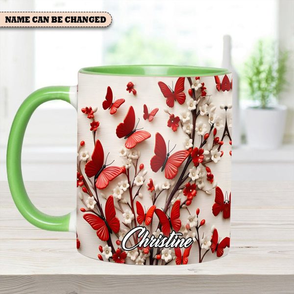 Red White Butterfly Flowers Accent Mug - Personalized Accent Mug