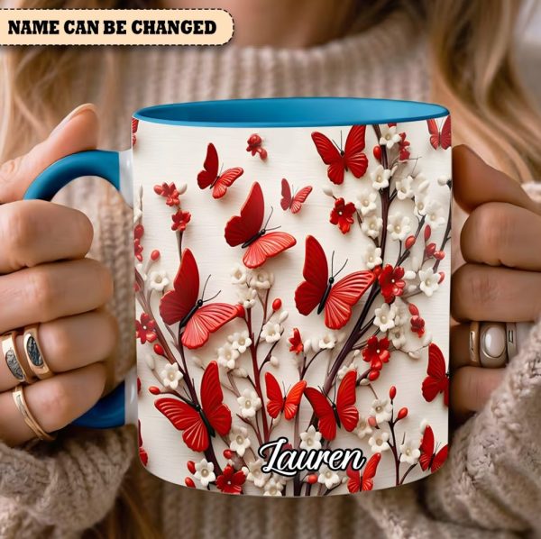 Red White Butterfly Flowers Accent Mug - Personalized Accent Mug