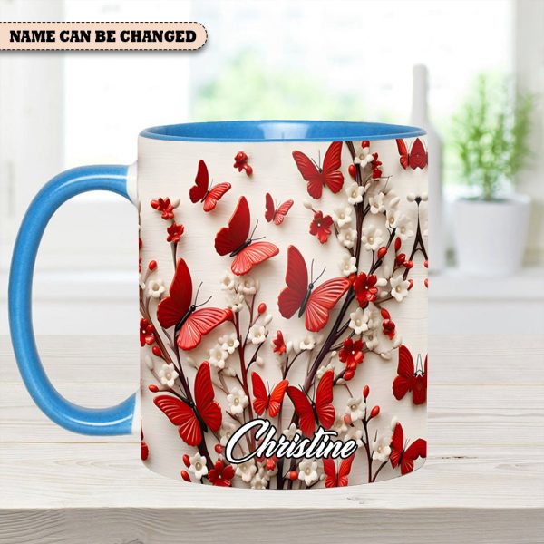 Red White Butterfly Flowers Accent Mug - Personalized Accent Mug