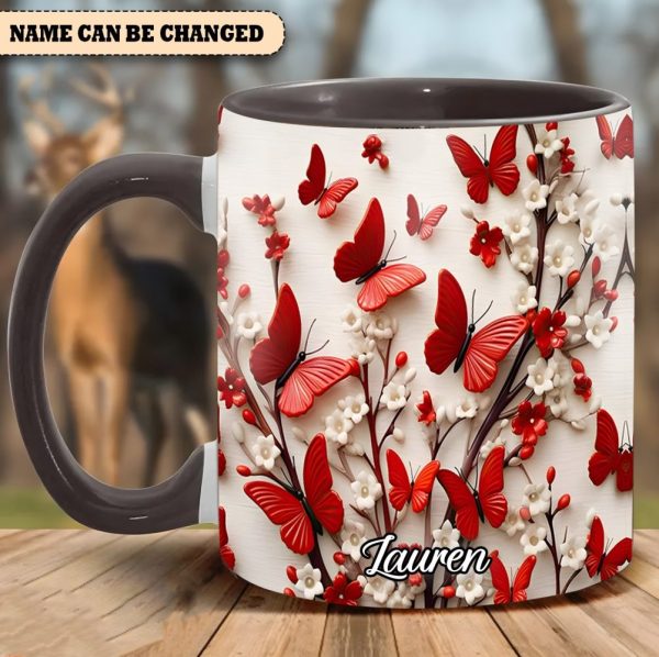 Red White Butterfly Flowers Accent Mug - Personalized Accent Mug
