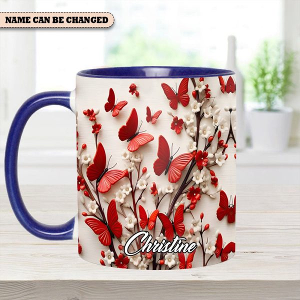 Red White Butterfly Flowers Accent Mug - Personalized Accent Mug