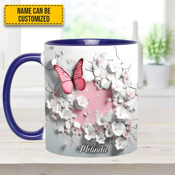 Butterfly With Flowers In Wrap Hole - Personalized Butterfly Accent Mug