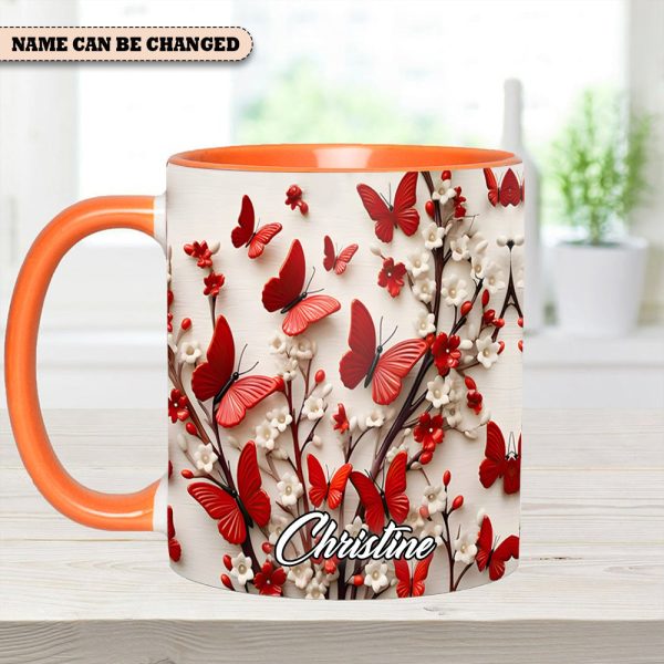Red White Butterfly Flowers Accent Mug - Personalized Accent Mug