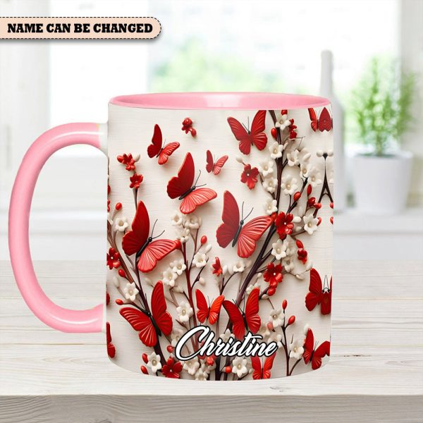 Red White Butterfly Flowers Accent Mug - Personalized Accent Mug