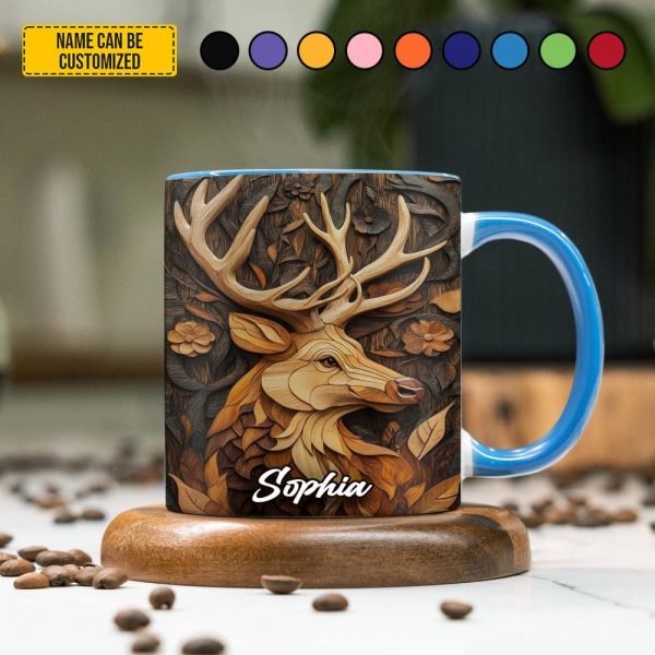 Personalized Deer Wooden Carving Style Accent Mug
