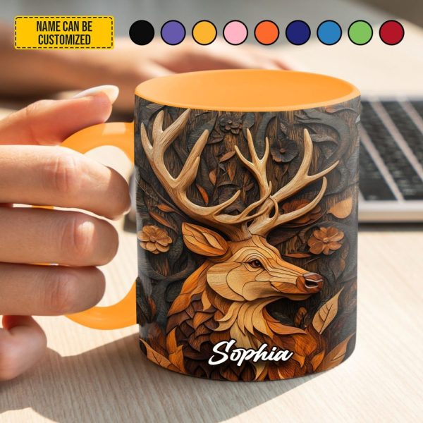 Personalized Deer Wooden Carving Style Accent Mug