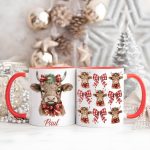 Personalized Christmas Cow Accent Mug With Plaid Bows