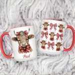 Personalized Christmas Cow Accent Mug With Plaid Bows