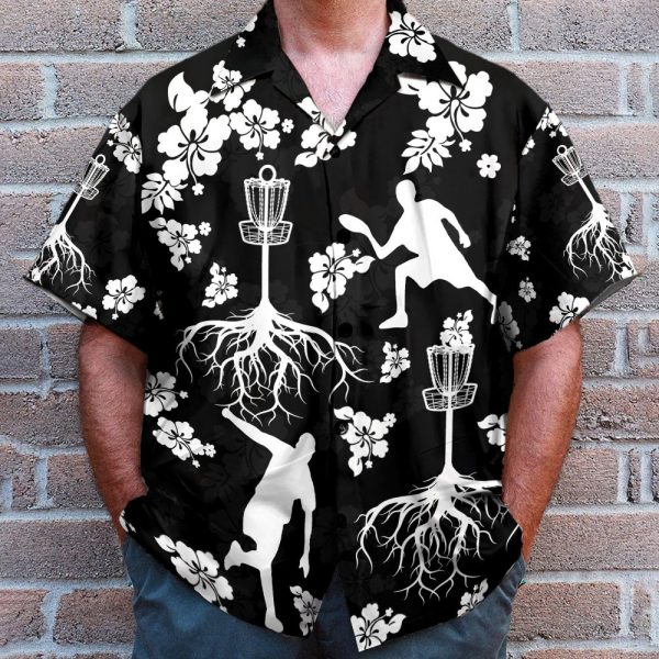 Black And White Disc Golf And Tree Hibiscus Pattern Hawaiian Shirt