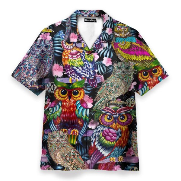 Tropical Colorful Owl Men'S Button'S Up Shirts Hawaiian Shirt