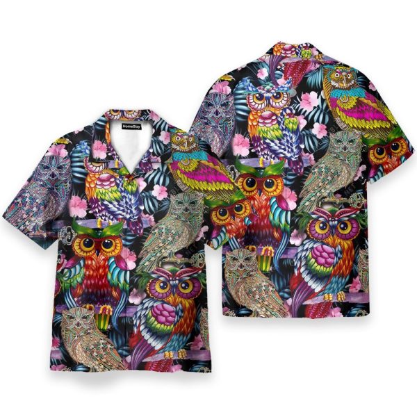 Tropical Colorful Owl Men'S Button'S Up Shirts Hawaiian Shirt