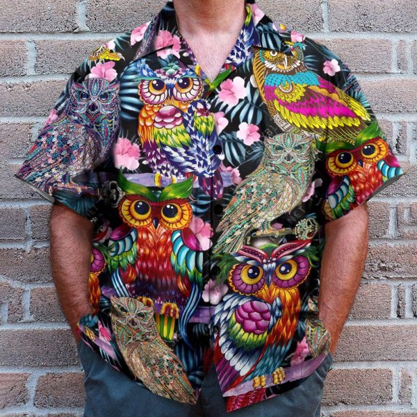 Tropical Colorful Owl Men'S Button'S Up Shirts Hawaiian Shirt
