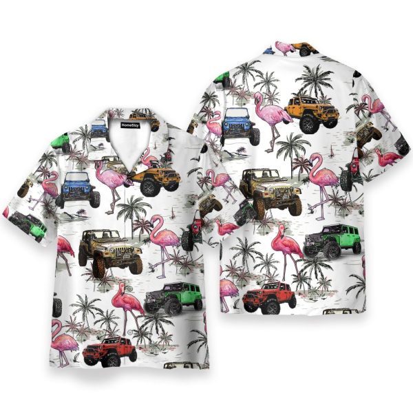 Colorful Jeep Cars And Flamingo Hawaiian Shirt