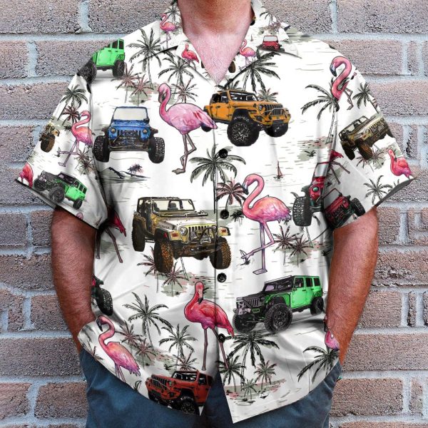 Colorful Jeep Cars And Flamingo Hawaiian Shirt