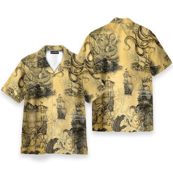 Octopus Attacks Ship Men'S Button'S Up Shirts Hawaiian Shirt