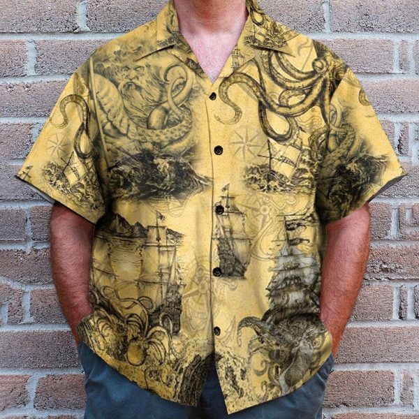 Octopus Attacks Ship Men'S Button'S Up Shirts Hawaiian Shirt