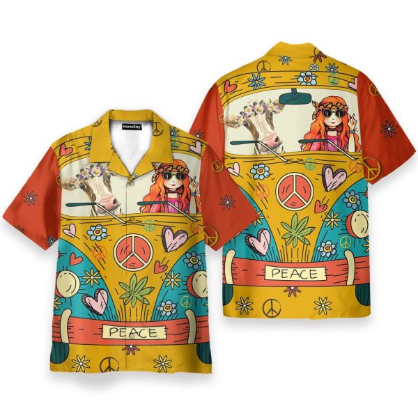 Hippie Cow On Peace Bus Men'S Button'S Up Shirts Hawaiian Shirt