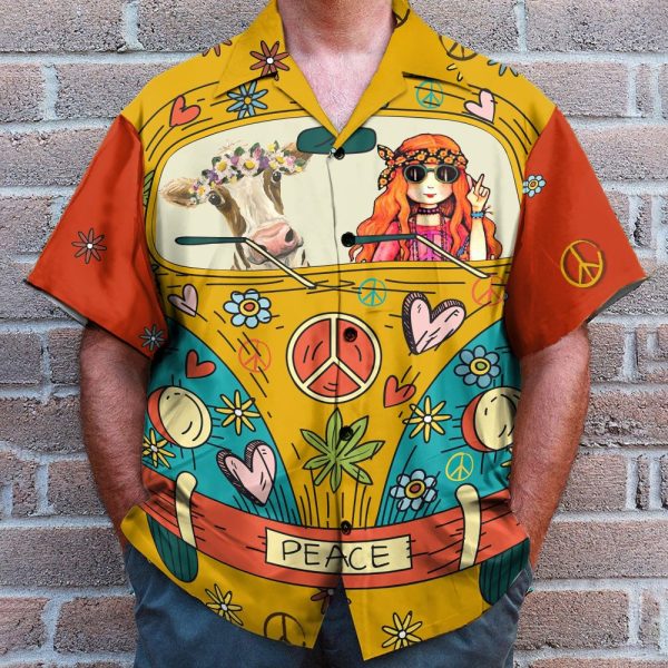 Hippie Cow On Peace Bus Men'S Button'S Up Shirts Hawaiian Shirt