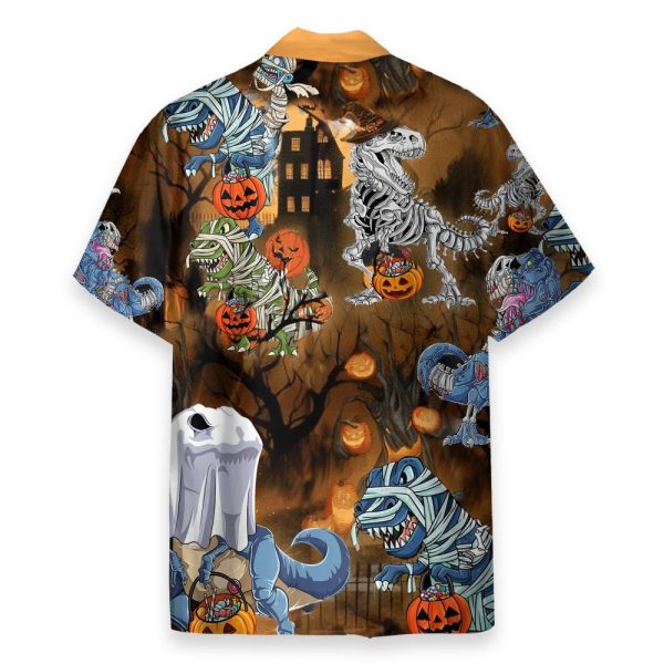 Dinosaur Skeleton With The Pumkin Bucket Halloween Hawaiian Shirt