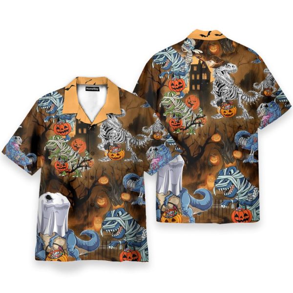 Dinosaur Skeleton With The Pumkin Bucket Halloween Hawaiian Shirt
