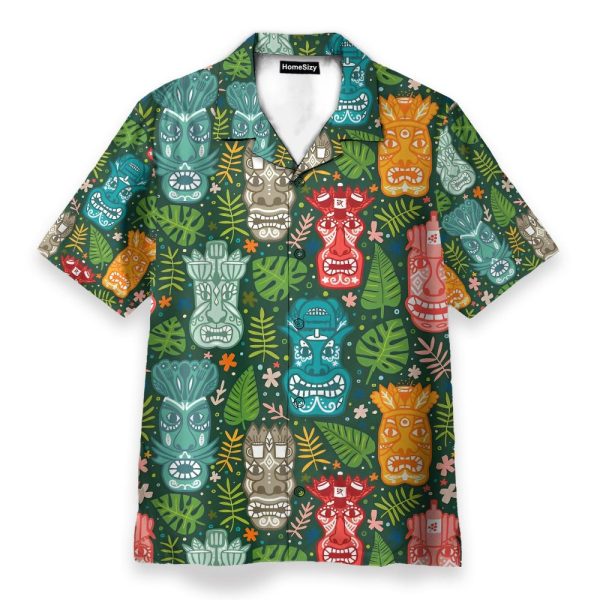 Tiki Tropical Green Men'S Button'S Up Shirts Hawaiian Shirt & Beach Shorts