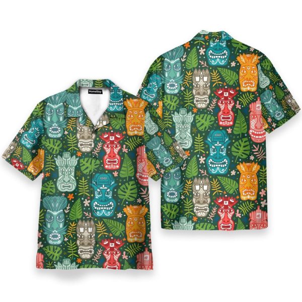 Tiki Tropical Green Men'S Button'S Up Shirts Hawaiian Shirt & Beach Shorts