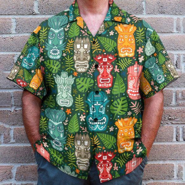 Tiki Tropical Green Men'S Button'S Up Shirts Hawaiian Shirt & Beach Shorts