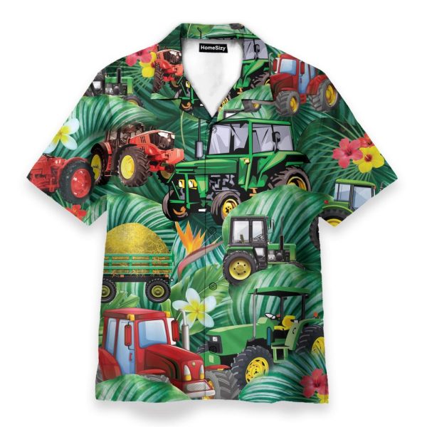 Tractor Tropical Tropical Green Leaf Forest Pattern Hawaiian Shirt