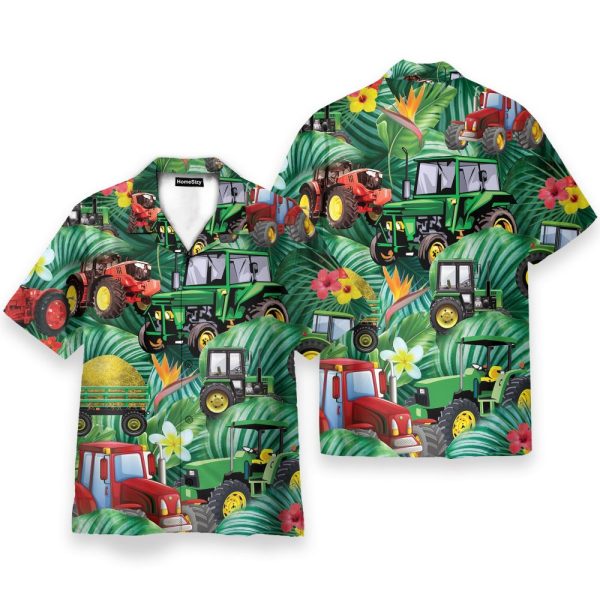 Tractor Tropical Tropical Green Leaf Forest Pattern Hawaiian Shirt