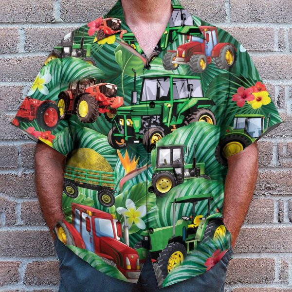 Tractor Tropical Tropical Green Leaf Forest Pattern Hawaiian Shirt