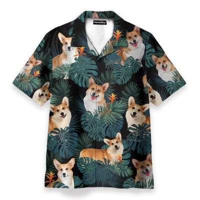 Lovely Corgi In Tropical Green Leaves Hawaiian Shirt